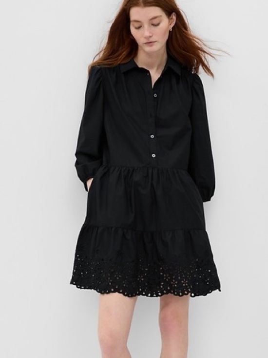 GAP Dresses & Skirts - GAP Tiered Mini Shirtdress Black puff sleeve casual cotton Eyelet
